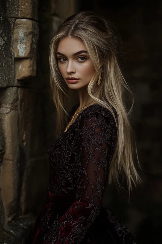 AI generated: A young, fair-skinned woman, with long, flowing blonde hair styled with loose waves, stands in a med...
