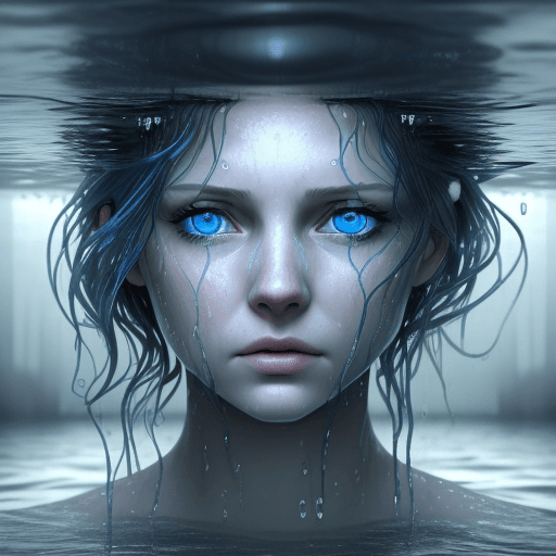 AI generated: the face of woman with beautiful blue eyes, in water, in the style of dystopian realism, realistic p...