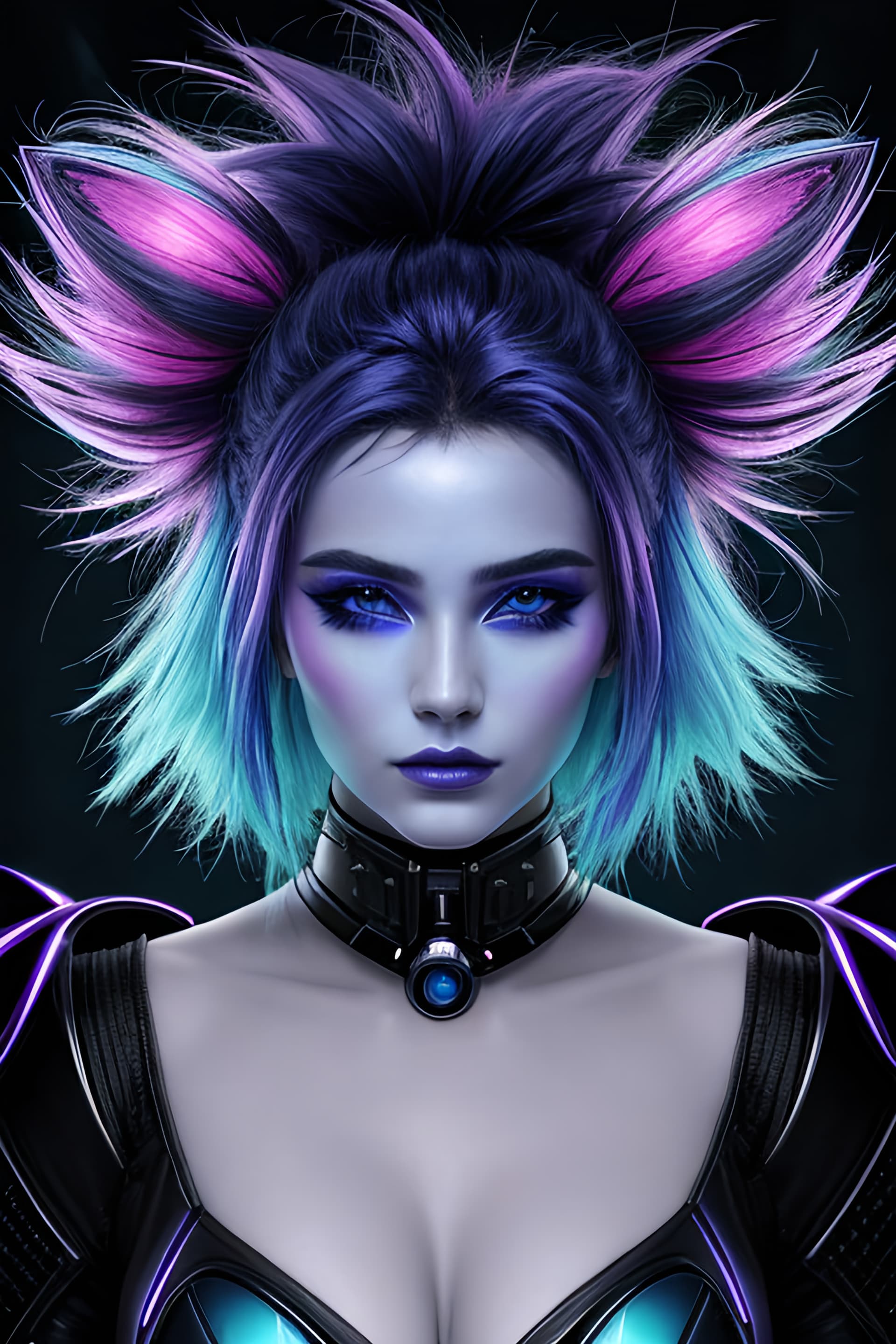 AI generated: A vivid cyberpunk colorful portrait, makeup, smooth, mesmerizing otherworldly and enigmatic charm, m...