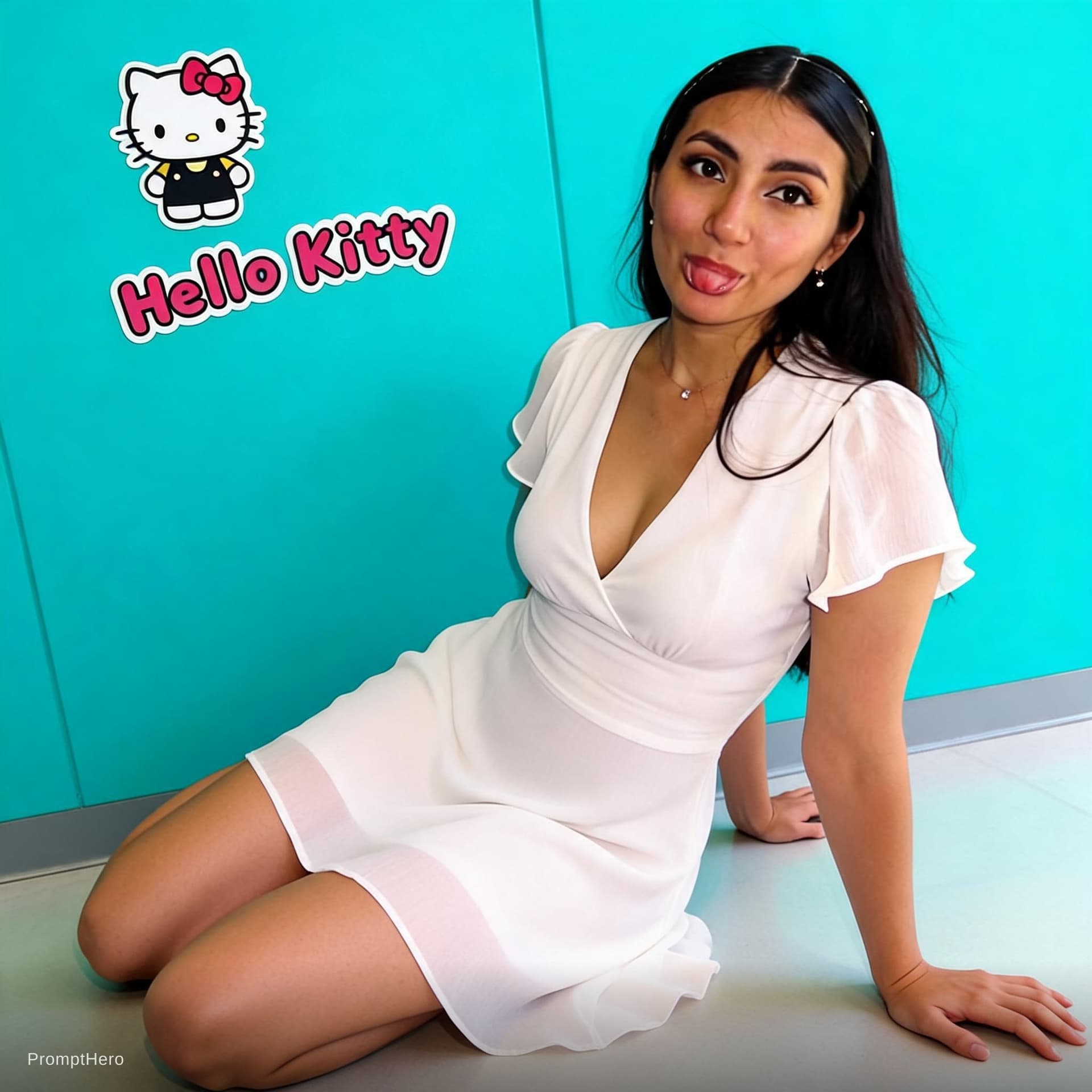 AI generated: On knees leaning back on her hands on top of a bed themed sanrio characters teal color