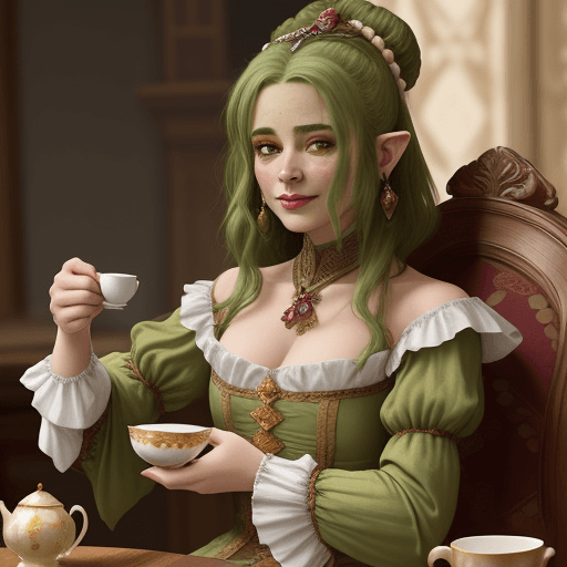 AI generated: Young orcish greenskin girl, dressed in luxurious renaissance era dress, dribking a cup of tea with ...