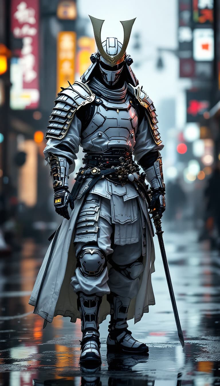 AI generated: a majestic samurai in shiny white cyberpunk techwear samurai armor, bladerunner city street backgrou...
