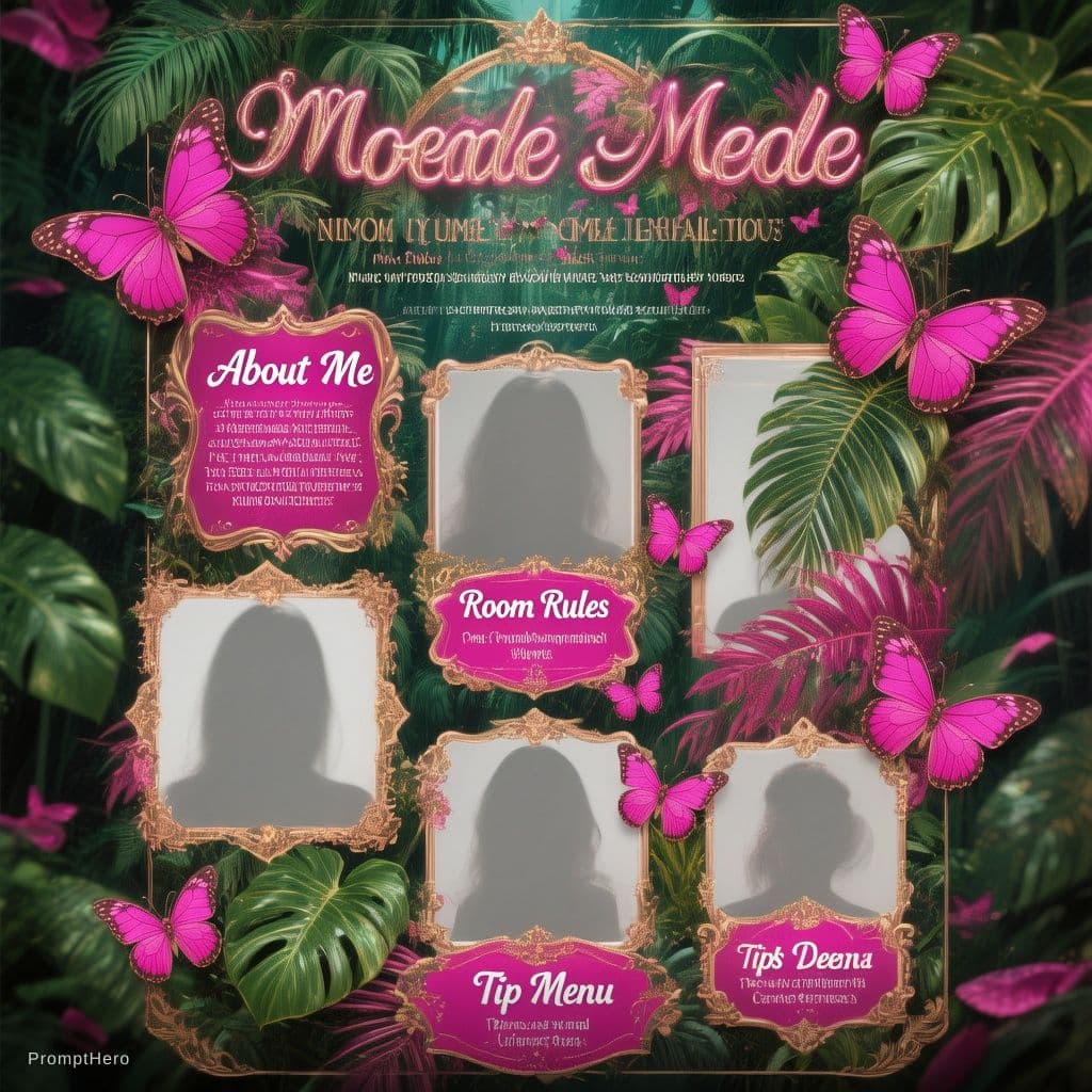 AI generated: Vertical cam model profile layout template, jungle theme with lush tropical leaves, elegant feminine...