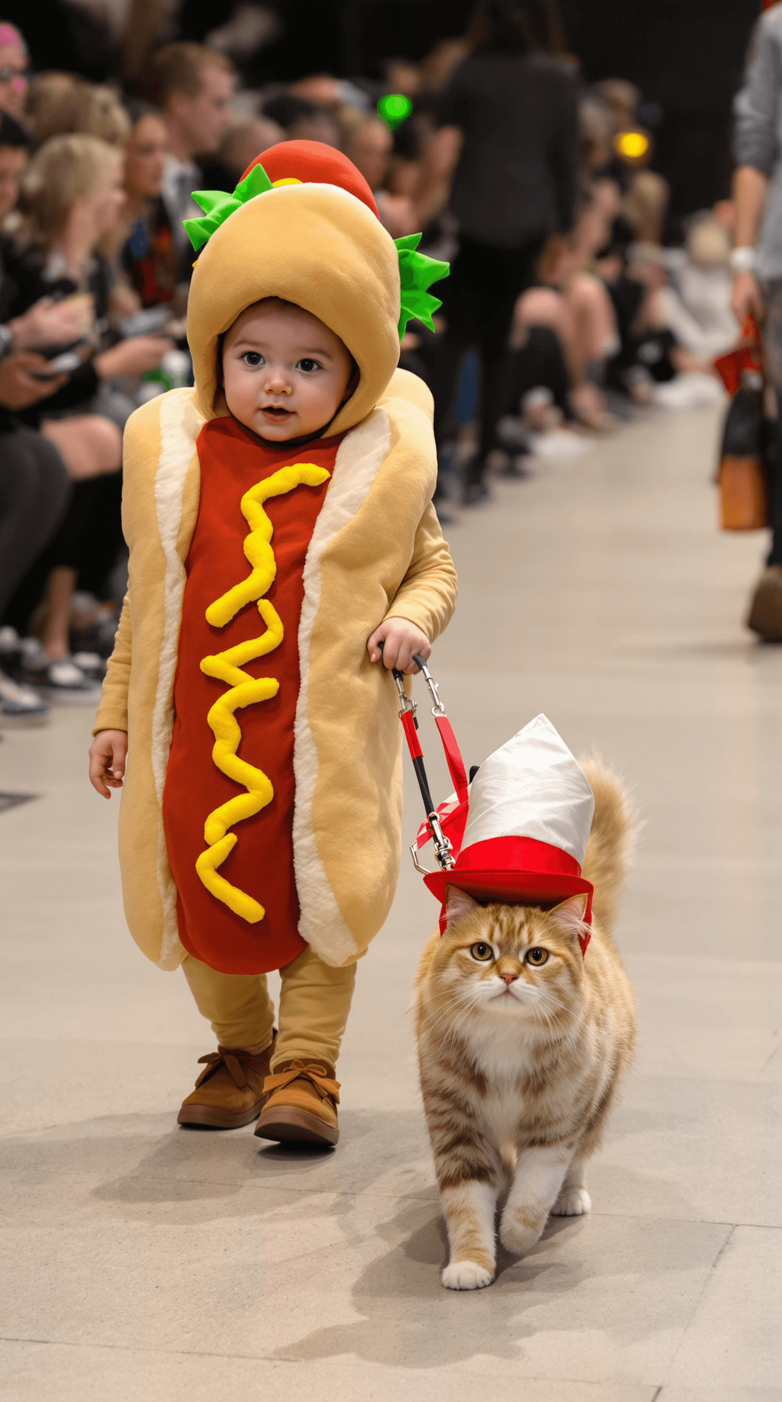 AI generated: A baby dressed in a costume of hotdog leads a pet cat on a leash while walking at a fashion show, th...