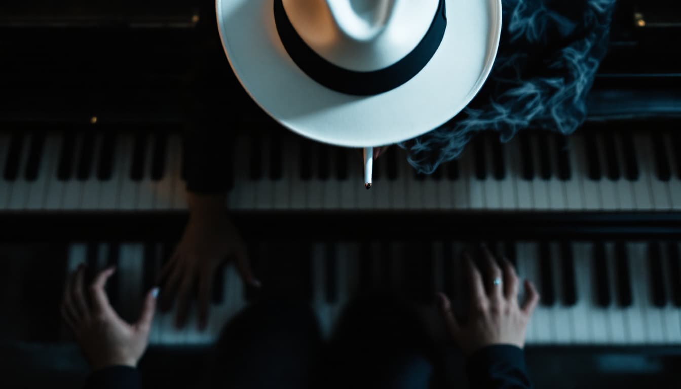 AI generated: portrait capturing the essence of a pianist with white hat from an overhead perspective smoking ciga...