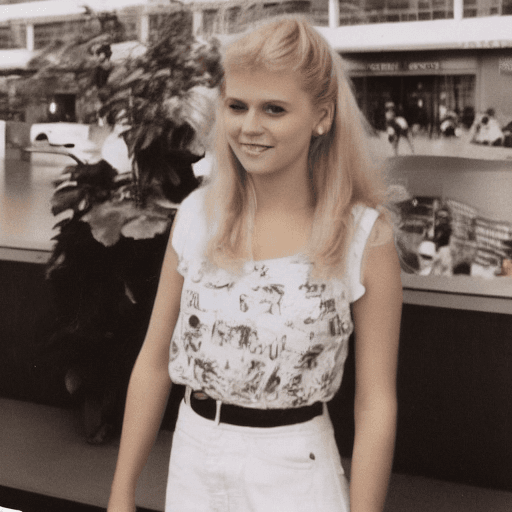 AI generated: Beautiful blonde girl in 1985 wearing side ponytail standing in the mall — s 1000 — weird 1000