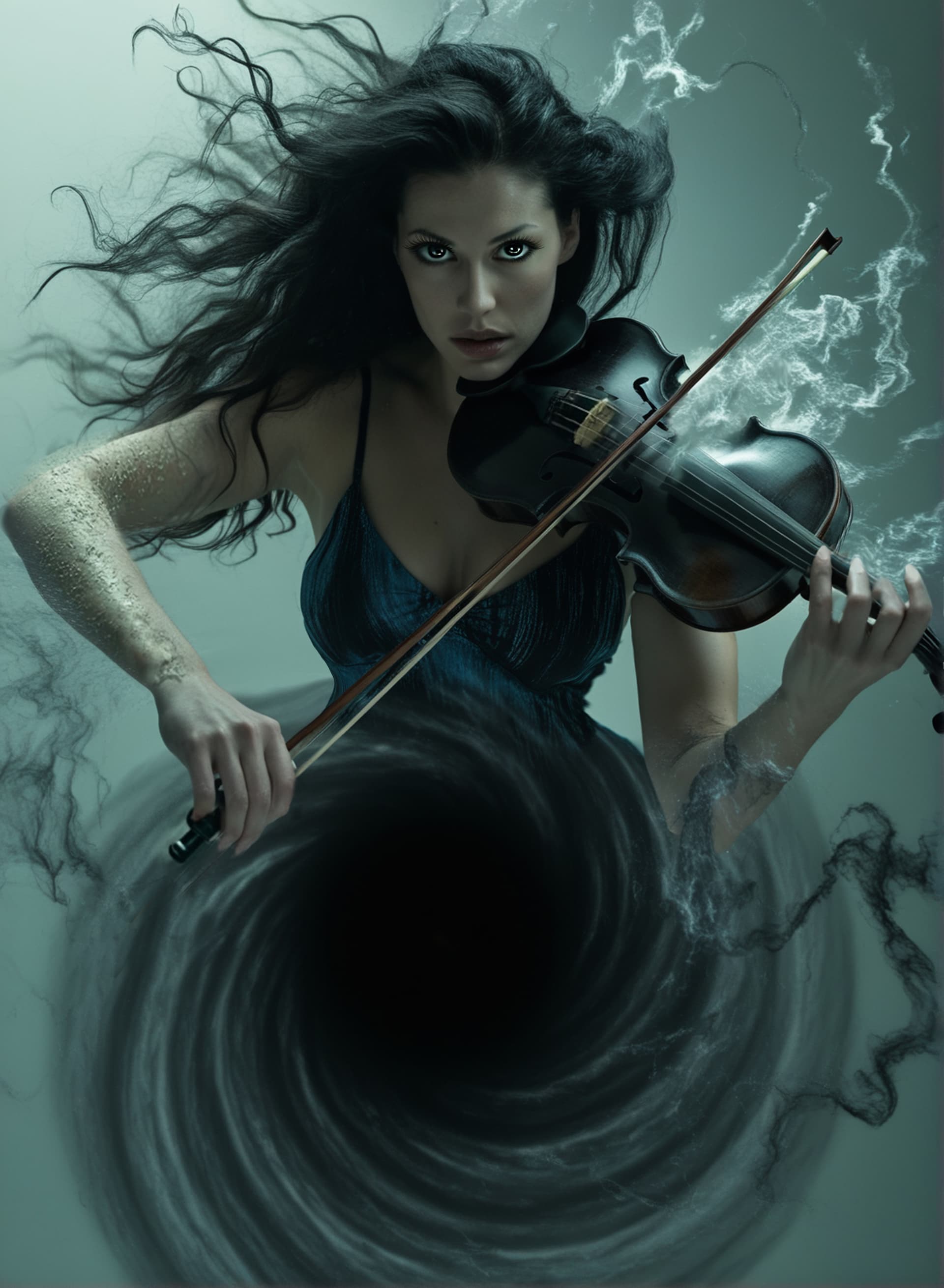AI generated: A beautiful woman, long curling hair, playng the black violin, stares downward at a void in the cent...