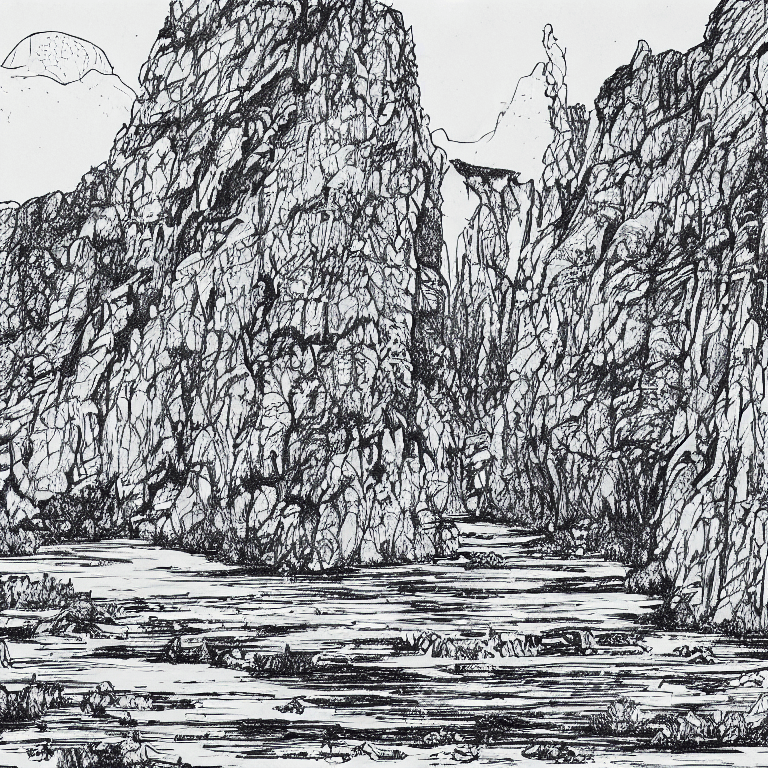 AI generated: black and white pen and ink drawing, of a stunning city of stone inside a granite canyon, in the sty...