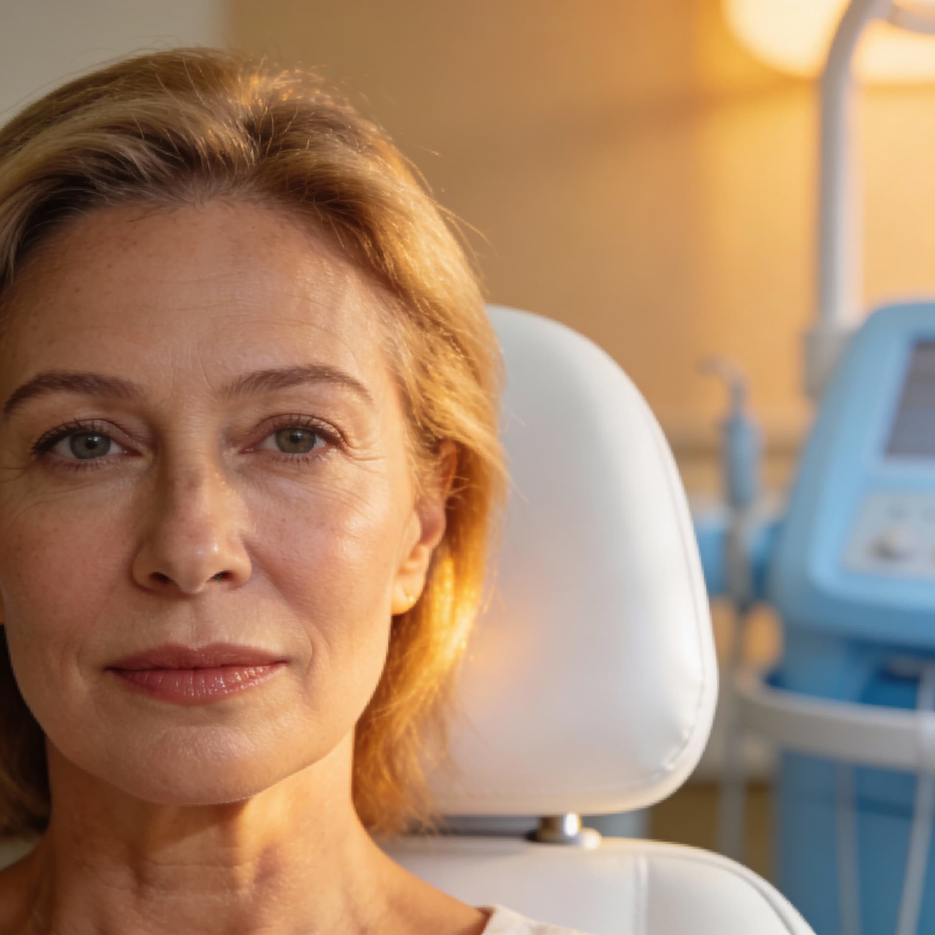 AI generated: same woman in her first 50's 
setting in dermatologist clinic chair, in a warm vibes, her face is fr...