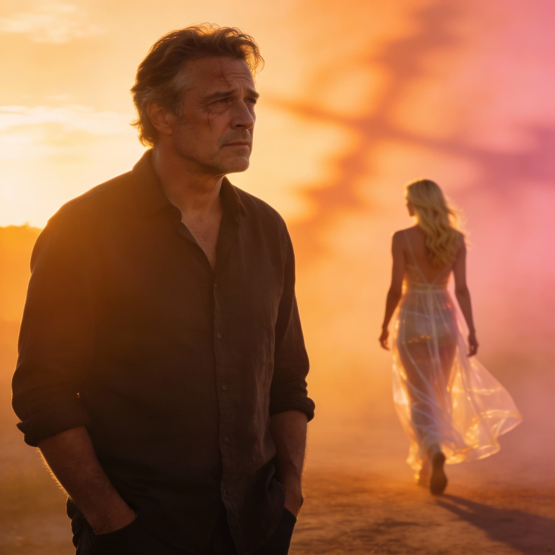 AI generated: a man in his 40s, disappointed in love, looks into the distance where a beautiful blonde woman dress...