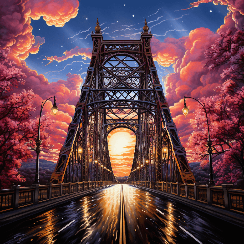 AI generated: a grandiose bridge to the heavens, blacklight paint, futuristic, Don Maitz, Todd McFarlane, Mary Bla...