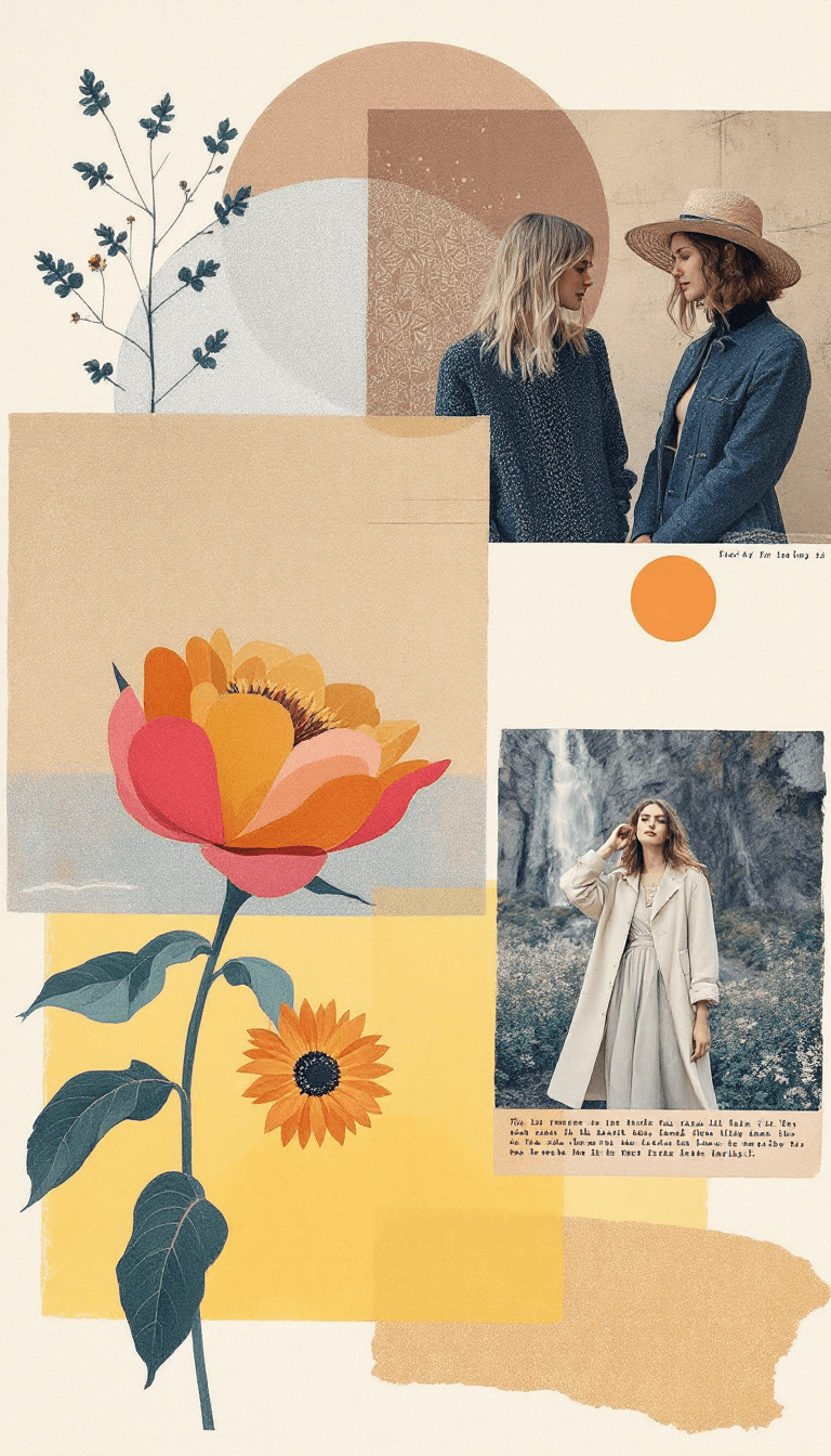 AI generated: vintage collage art with fashion photos and colorful patterns, minimalistic, vintage Icelandic midsu...