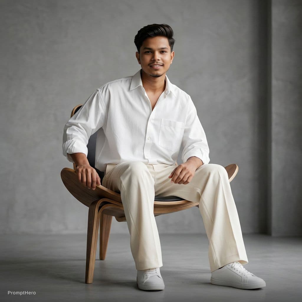 AI generated: Handsome young South Asian man sitting casually on a stylish wooden chair in a modern minimalist stu...