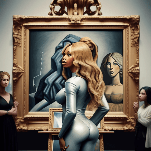 AI generated: Realistic photo of Beyonce standing to the side of a portrait of Beyonce on an easel depicted by Pab...