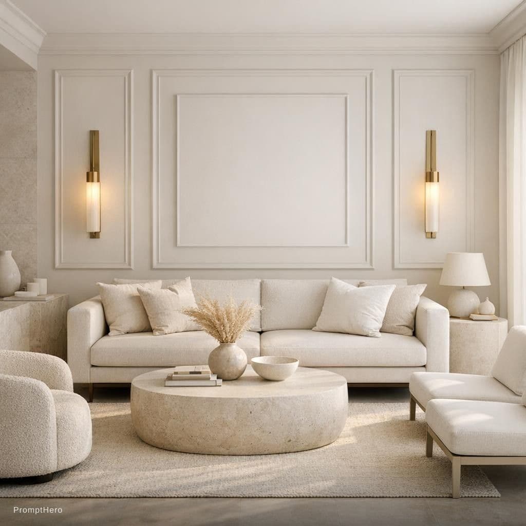 AI generated: Photograph, contemporary living room, soft light of morning, integration of beige flooring and matte...