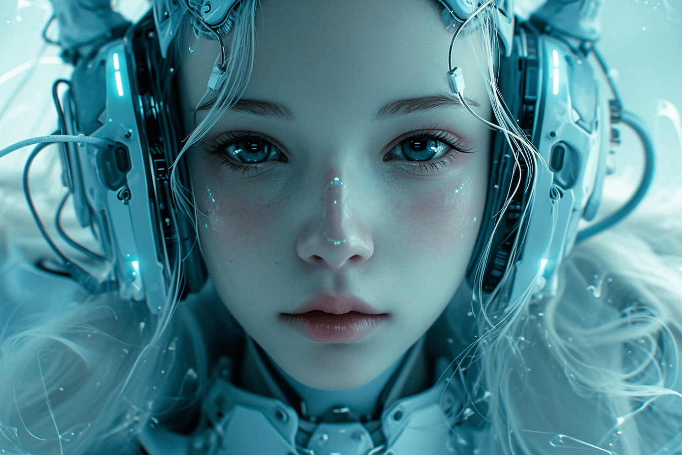 AI generated: young Galadriel with headphones wearing a futuristic outfit, in the style of kinuko y. craft, dollco...