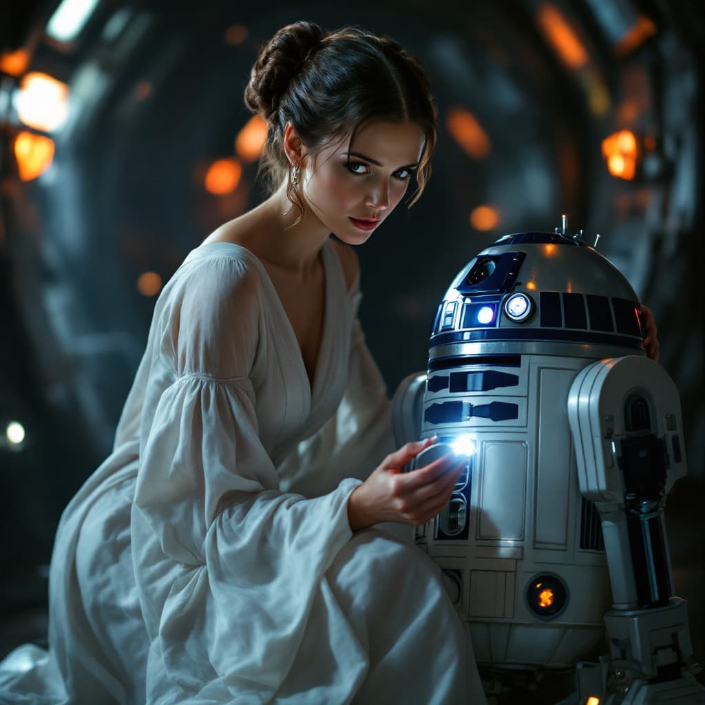 AI generated: 
"Princess Leia Organa, clad in her flowing white gown and iconic cinnamon-bun hairstyle, moves with...