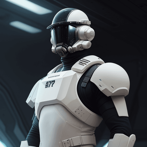AI generated: armed male figure in a white sci-fi suit (tight jumpsuit), at the spaceport, against the background ...