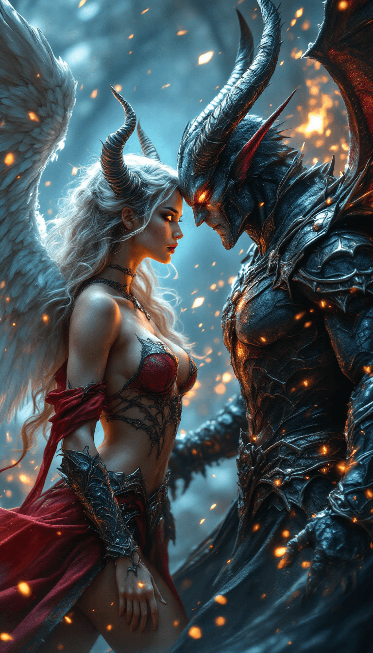 AI generated: Epic Fight between one angel woman and one male demon, angel and demon wings, Extrem perky skin, fre...