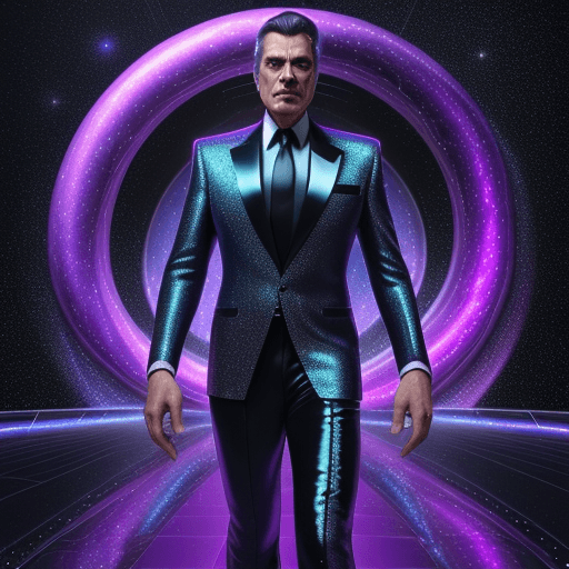 AI generated: professional photo, neo-futurism, man 45 years old from the future, dark hair, in shiny suit, full-l...