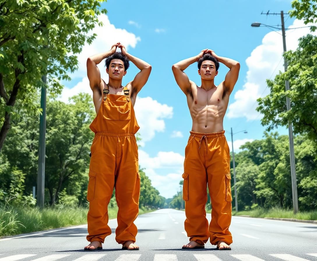 AI generated: Two male Asian born Chinese strong  wearing jammers in day time. They are waiting for investigation ...