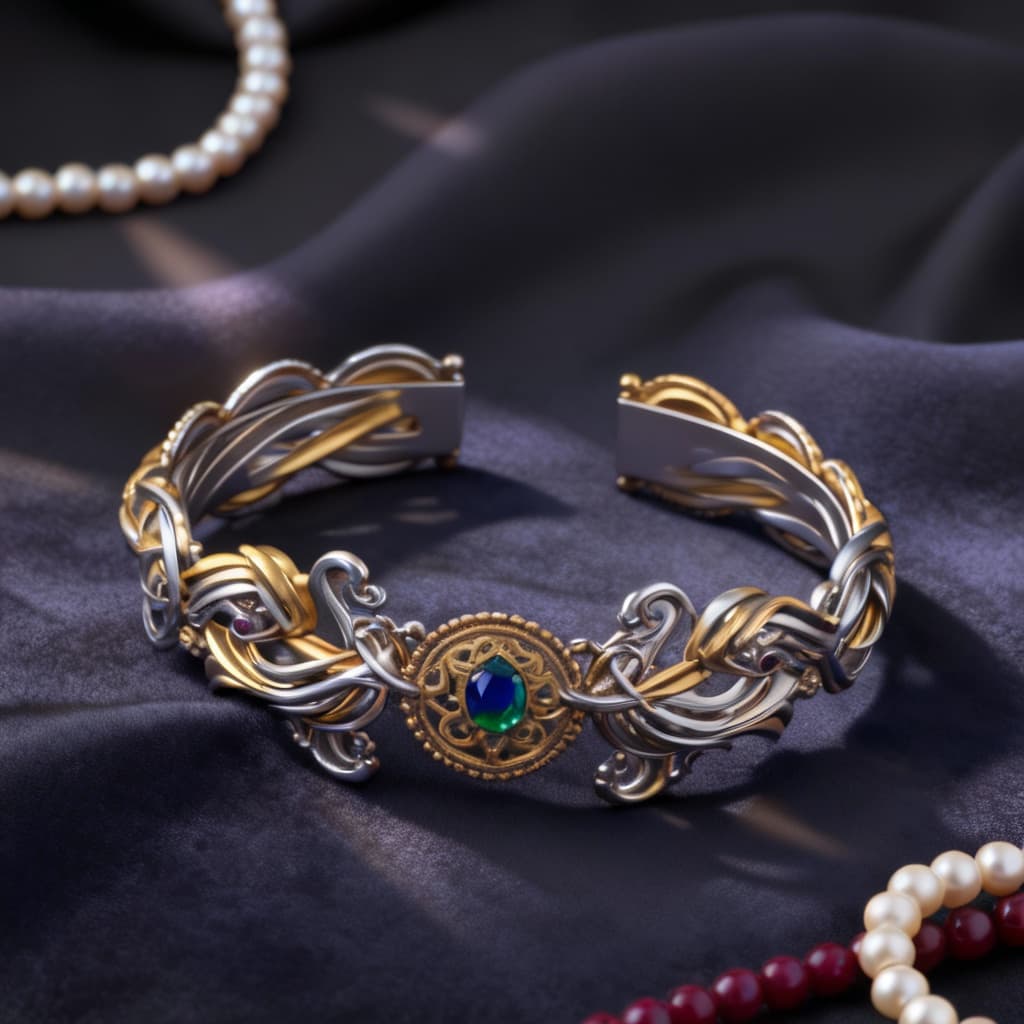 AI generated: A high-detail 3D rendering of an elegant bracelet made of polished gold and silver interwoven strand...