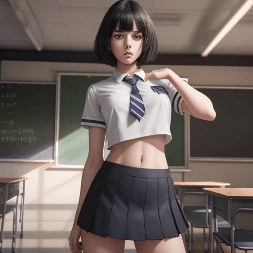 AI generated: 1 girl, a Beautiful idol, (Cute Loose Bob hair), (school uniform), (miniskirt), (showing midriff), (...