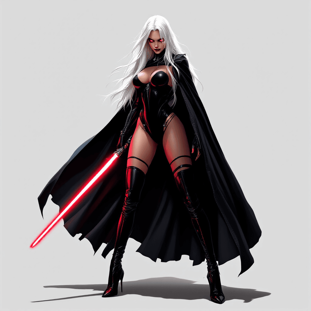 AI generated: Woman, tall, voluptuous, long white hair, Sith lord, one piece black leotard, black stiletto boots u...