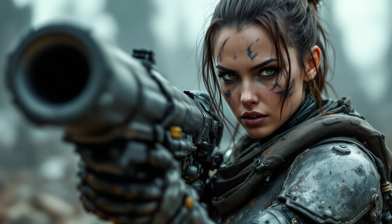 AI generated: woman, cyborg, ((scars on face)), holds a large blaster canon, fierce, dystopian background, war zon...