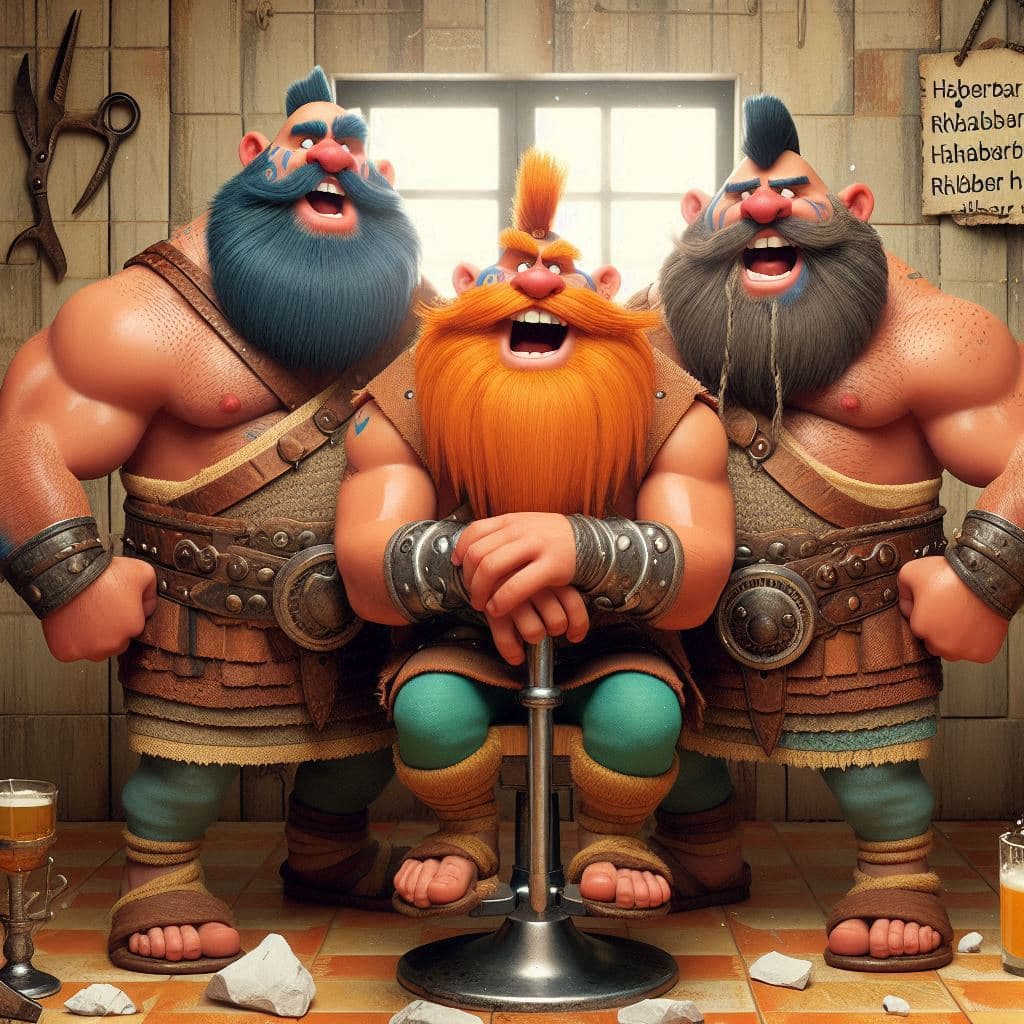 AI generated: 3 barbarians in a barbershop, waiting to get shaved, singing a rap song about Barbara's Rhabarber ca...