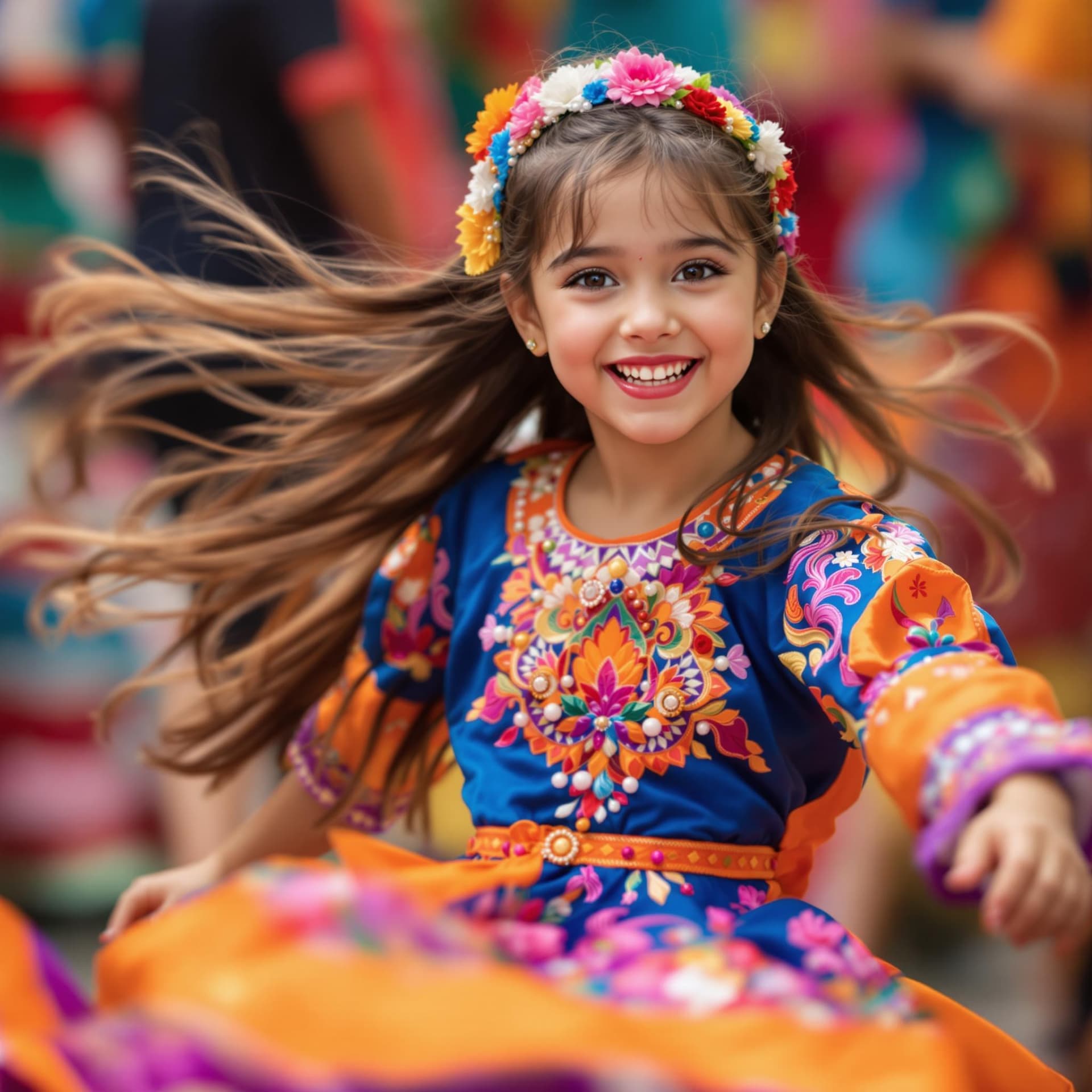 AI generated: The image captures a young girl in vibrant traditional attire, dancing with evident joy and grace. S...