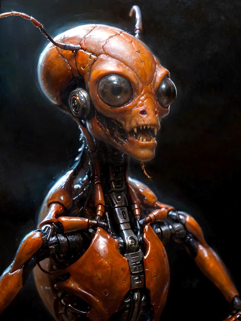 AI generated: A photo of an unusual scary cyborg ant with humanoid alien-like features, red-orange body color, cin...