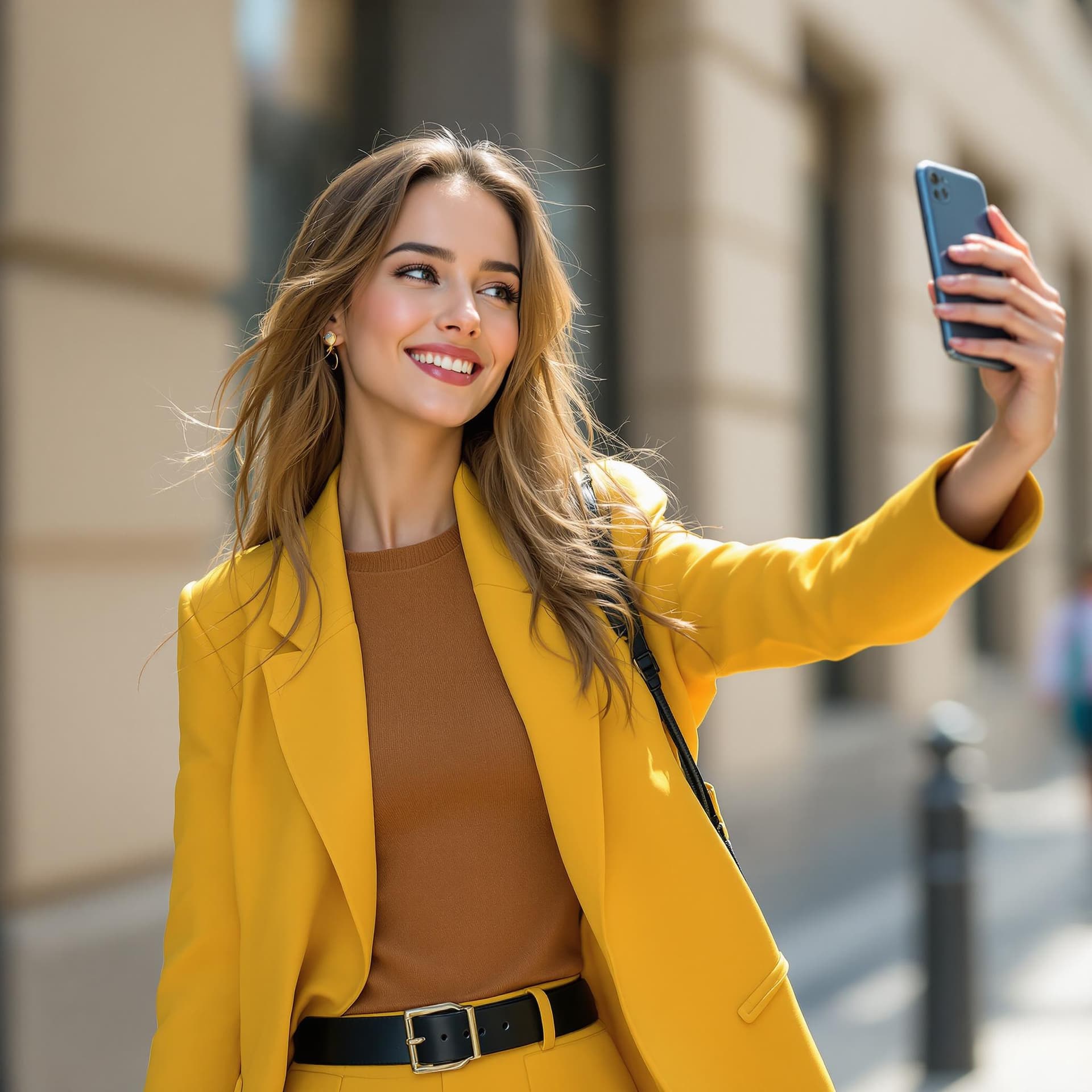 AI generated: 
1d
Photo of a young, stylish woman taking a selfie while walking in the street. She is wearing a ye...