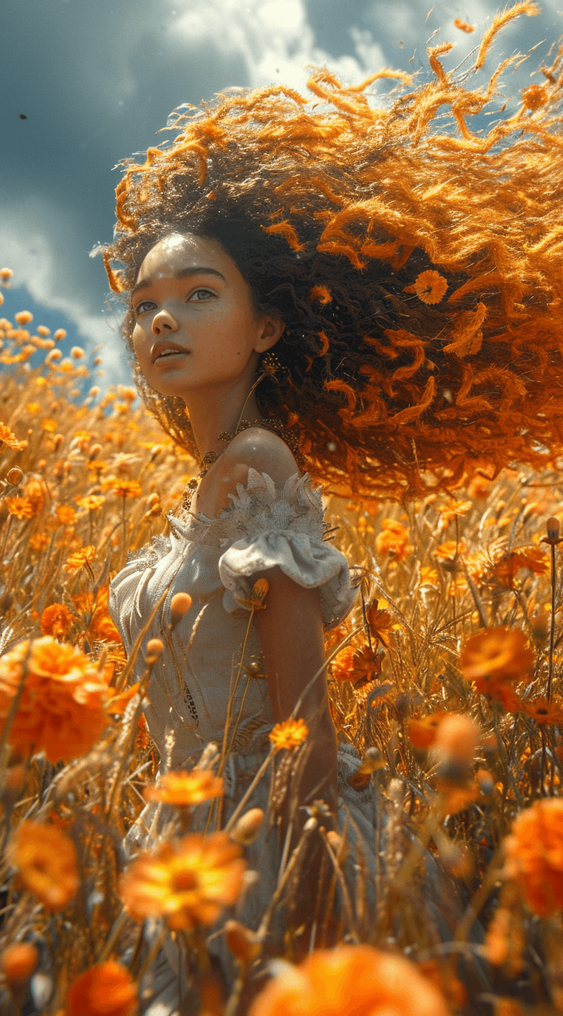 AI generated: a girl with her hair up in the air, in the style of unreal engine 5, mexican folklore-inspired, anim...