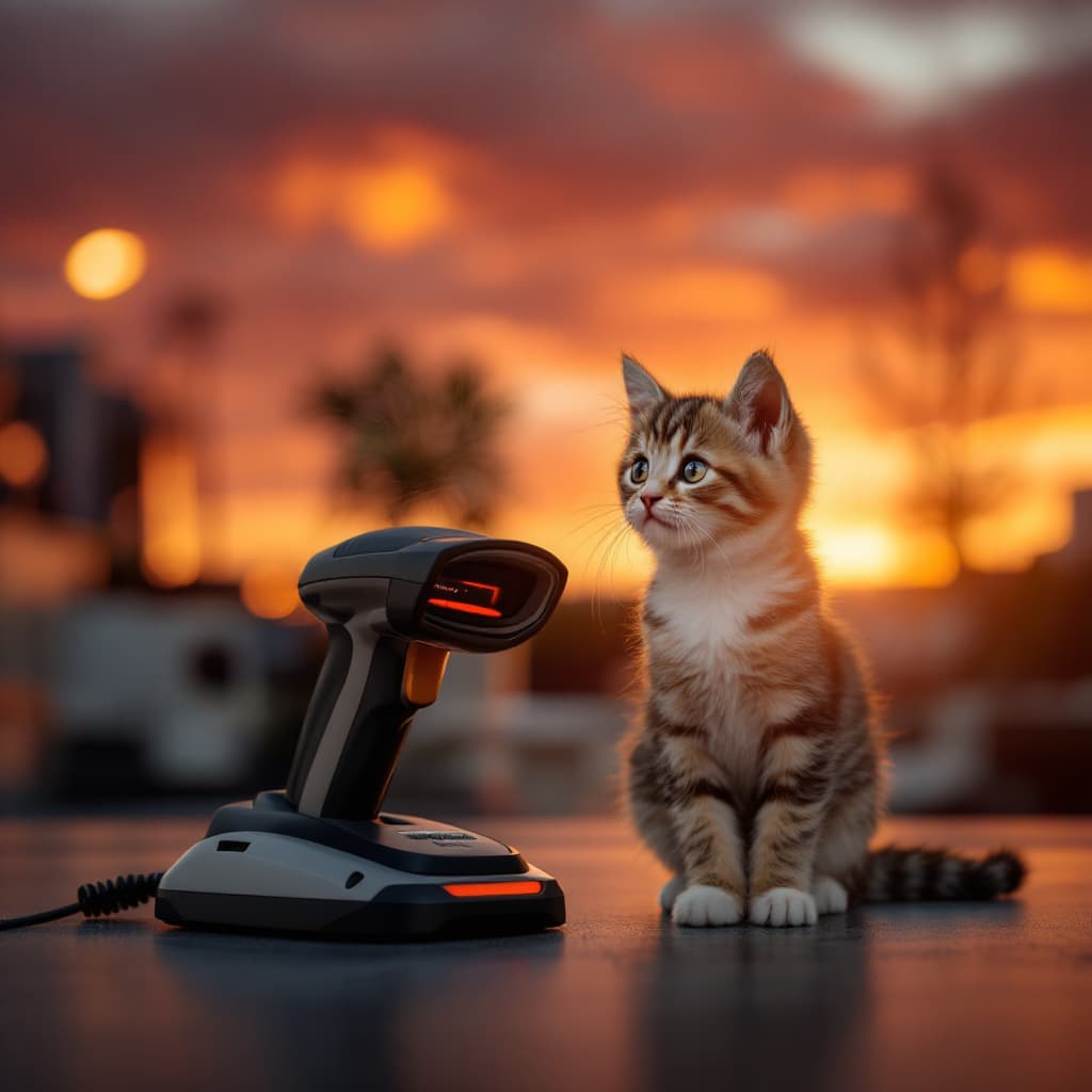 AI generated: ultra-realistic image of a kitten next to a barcode scanner sunset side view —ar 4:6
The image of th...