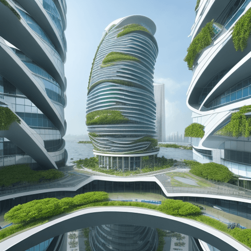 AI generated: futuristic building that deals with rising sea levels through design, futuristic commercial building...