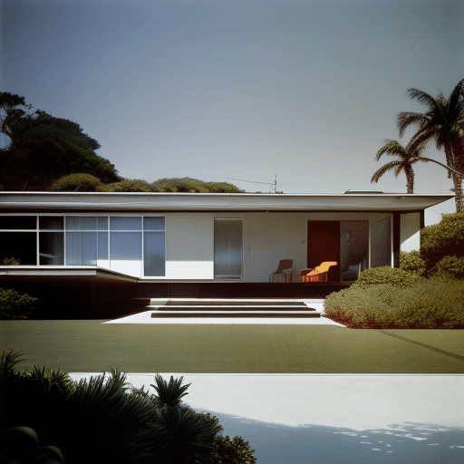 AI generated: Hyper realistic eye level exterior photo of a mid century modern style house overlooking the ocean, ...