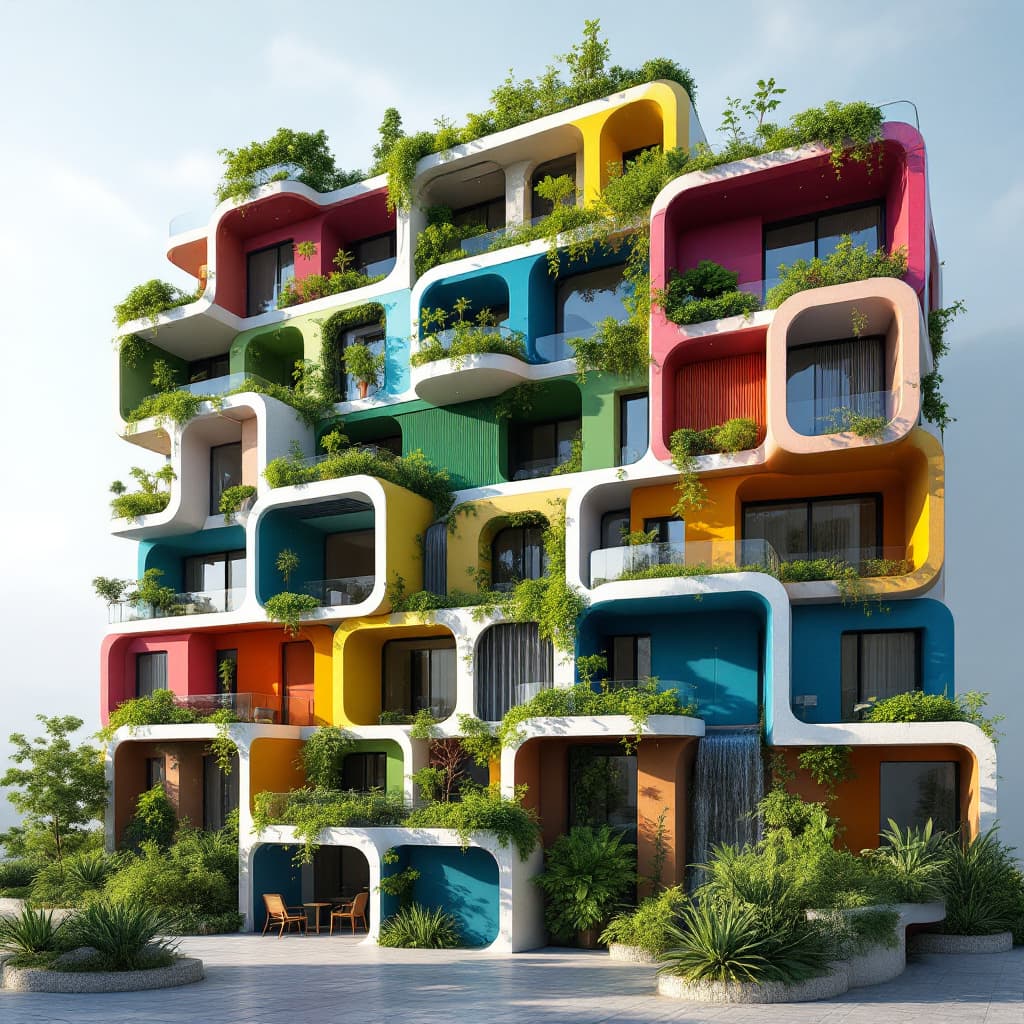 AI generated: An athenian block of buildings in Greece where there are vertical and horizontal coloured panels for...