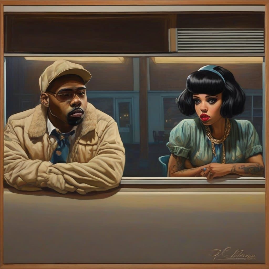 AI generated: ("Nighthawks" by E.Hopper), Hip-Hop, in the style of Melanie Martinez, lowbrow art, pop surrealism