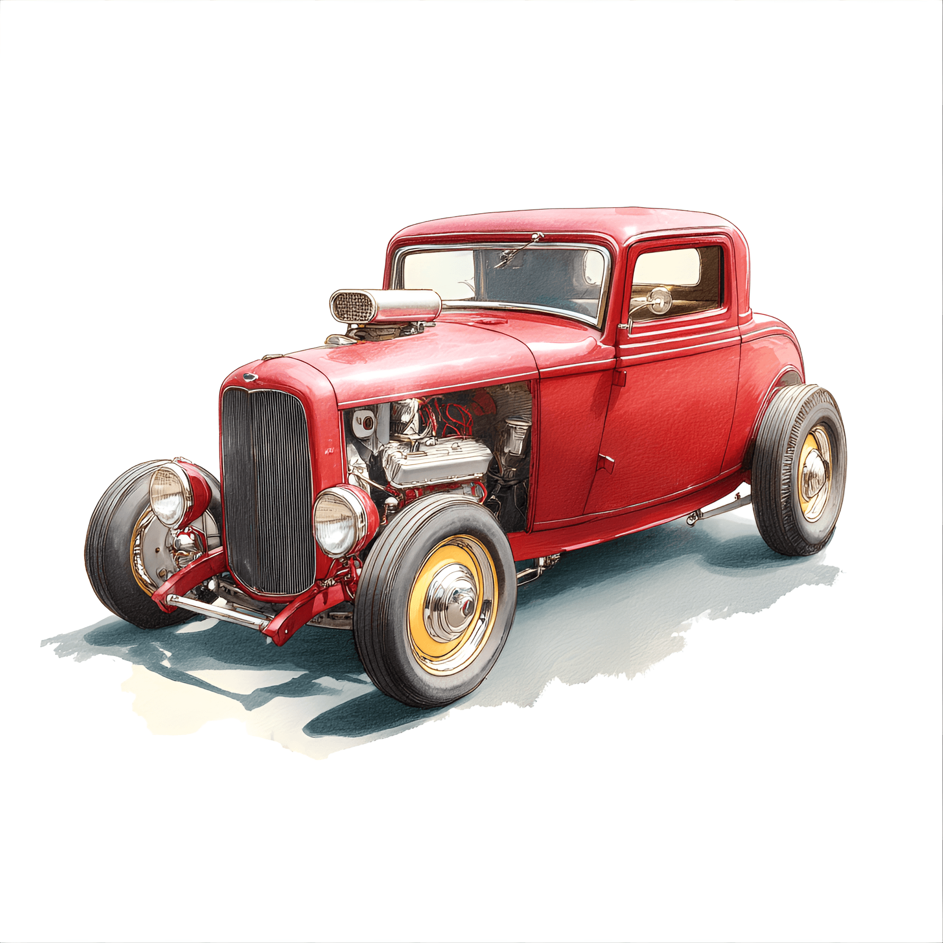 AI generated: retro 1932 Ford Model B coupe, meticulously illustrated in a vintage clipart style,
showcasing its ...