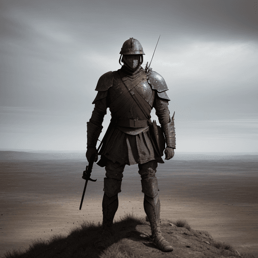 AI generated: In the aftermath of a brutal battle, a battle-hardened soldier stands atop a hill, overlooking a des...