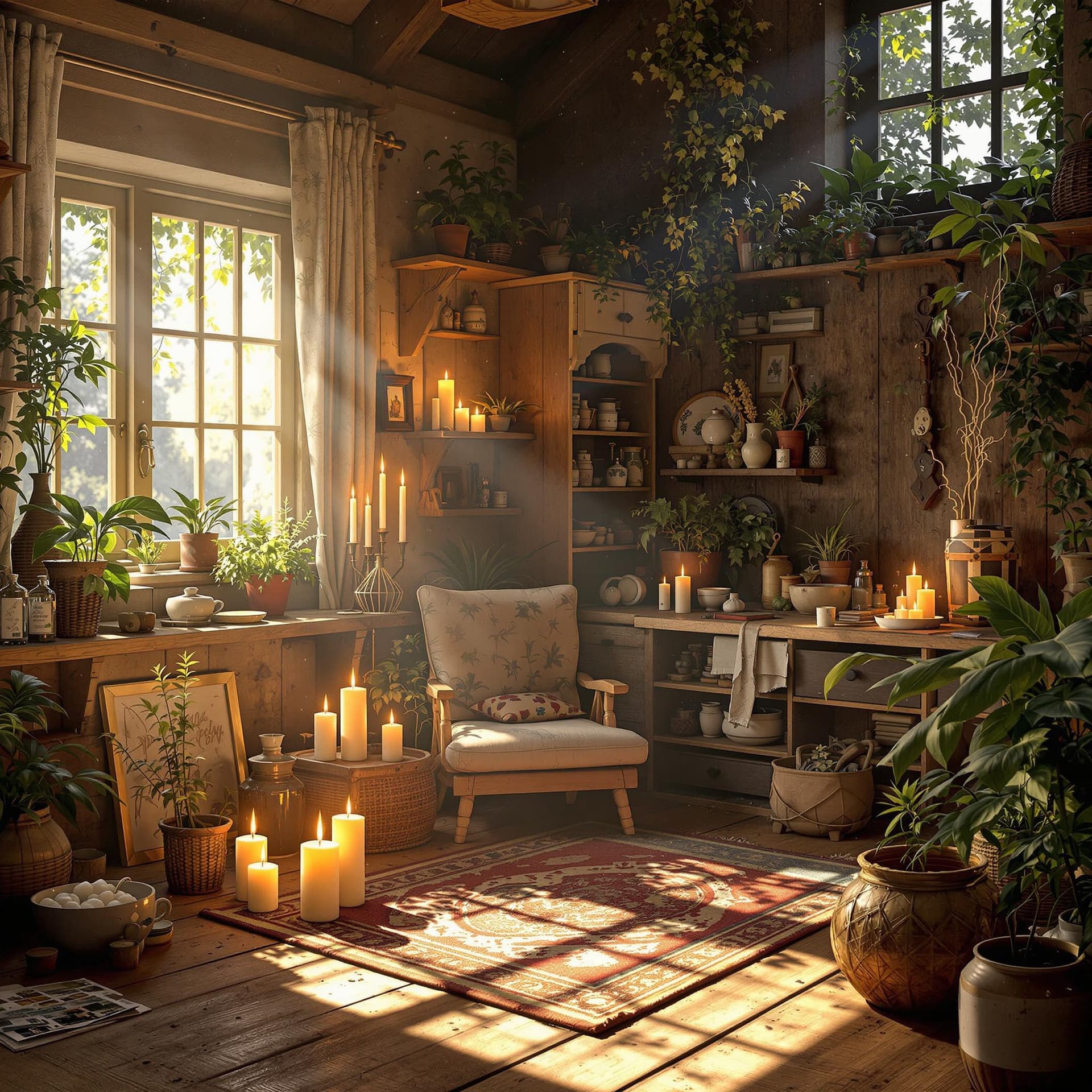 AI generated: interior view of an herbalist cottage, waxy candles, wood furnishings, light bloom, dust, ambient oc...