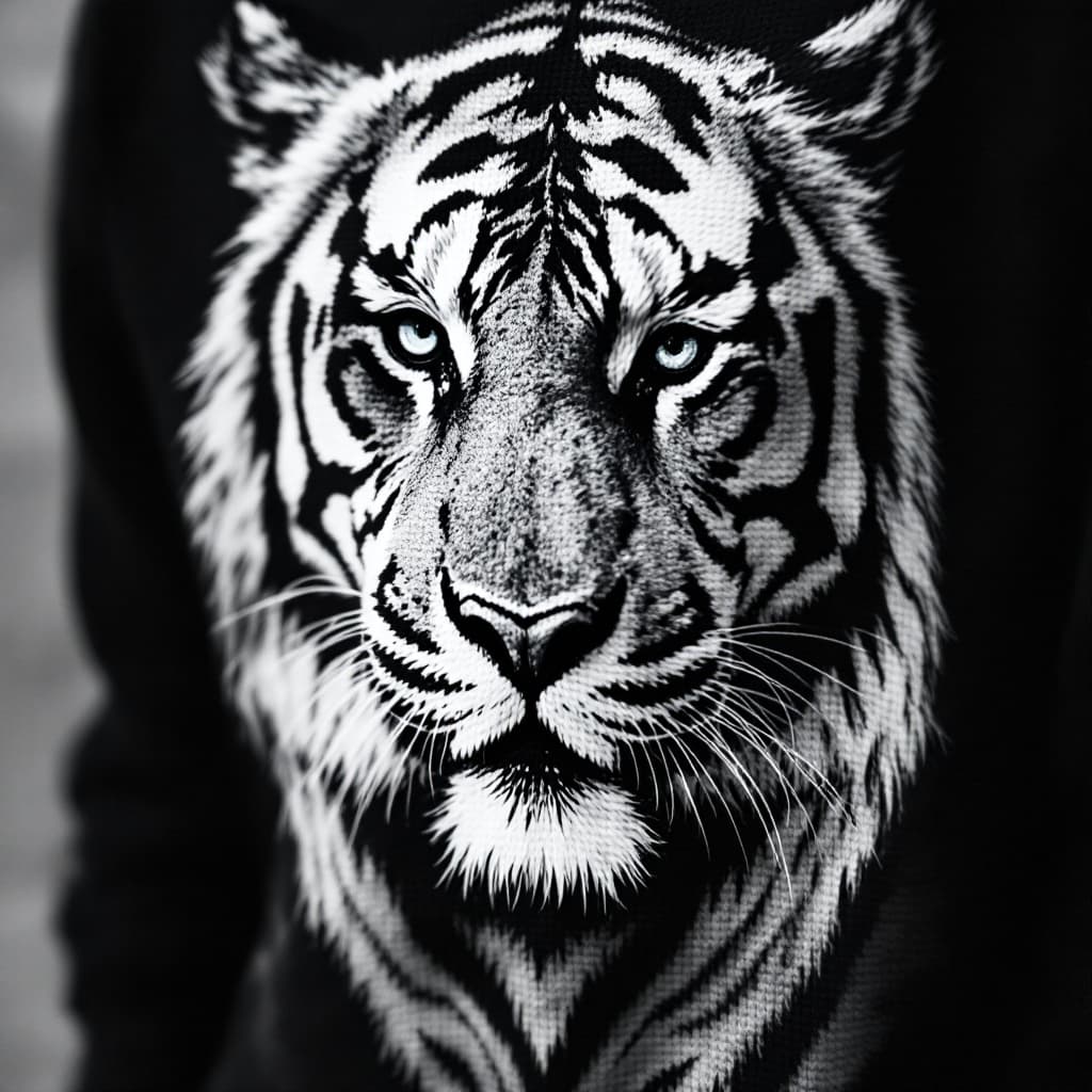 AI generated: black sweater with a white tiger on it