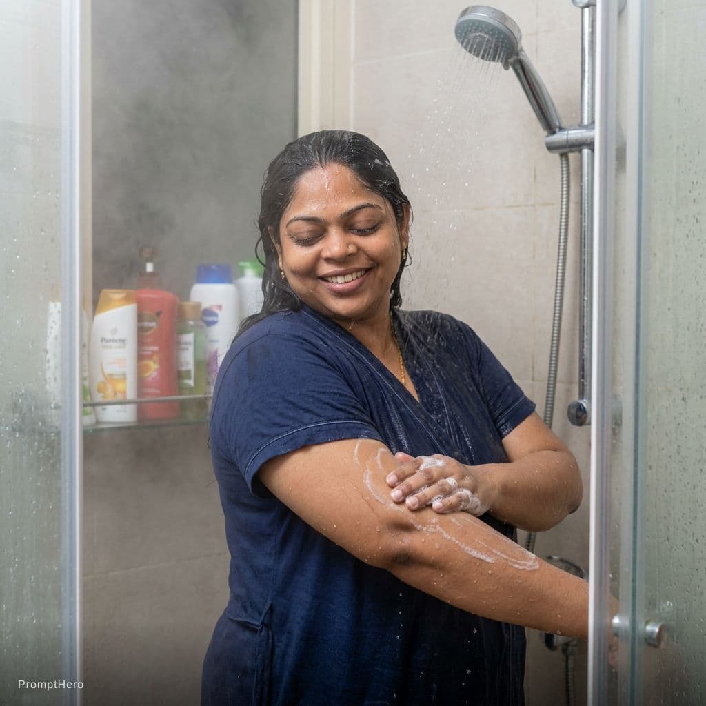 AI generated: Make her bath in shower 