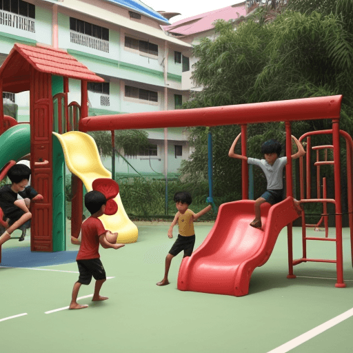 AI generated: a malay and indian boys playing in the playground of HDB Singapore flat