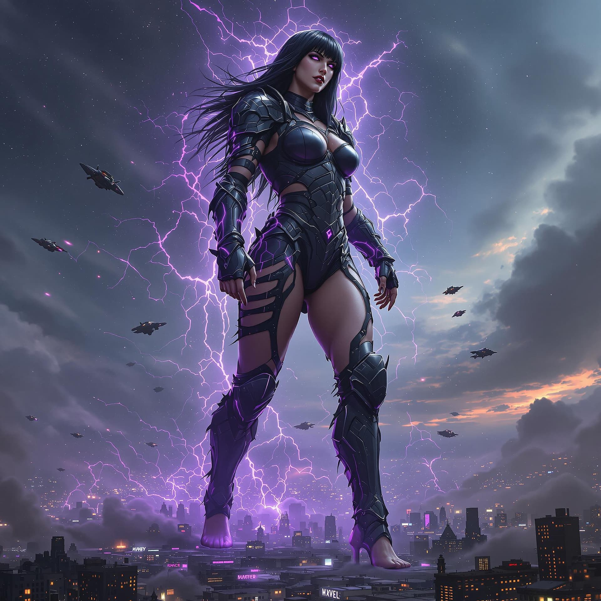 AI generated: truly enormous giantess female Rhea Ripley from WWE with black medium length hair and straight bangs...