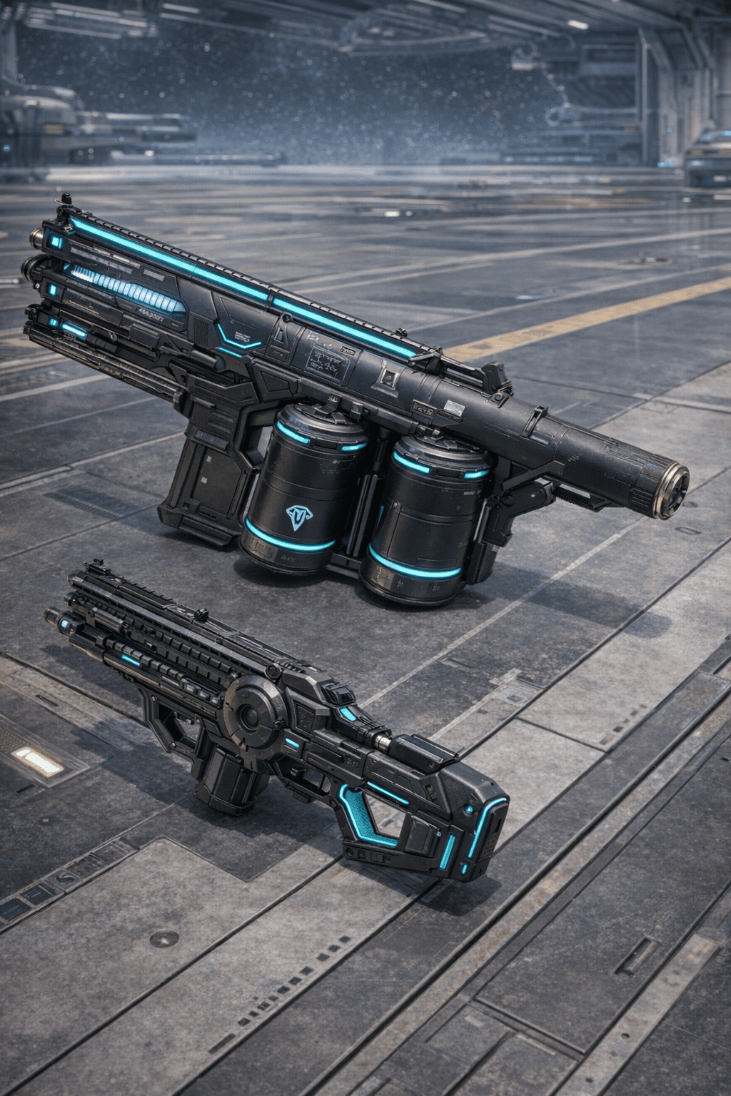 AI generated: Create an image where the characters are removed and their weapons are displayed. Display the weapon...
