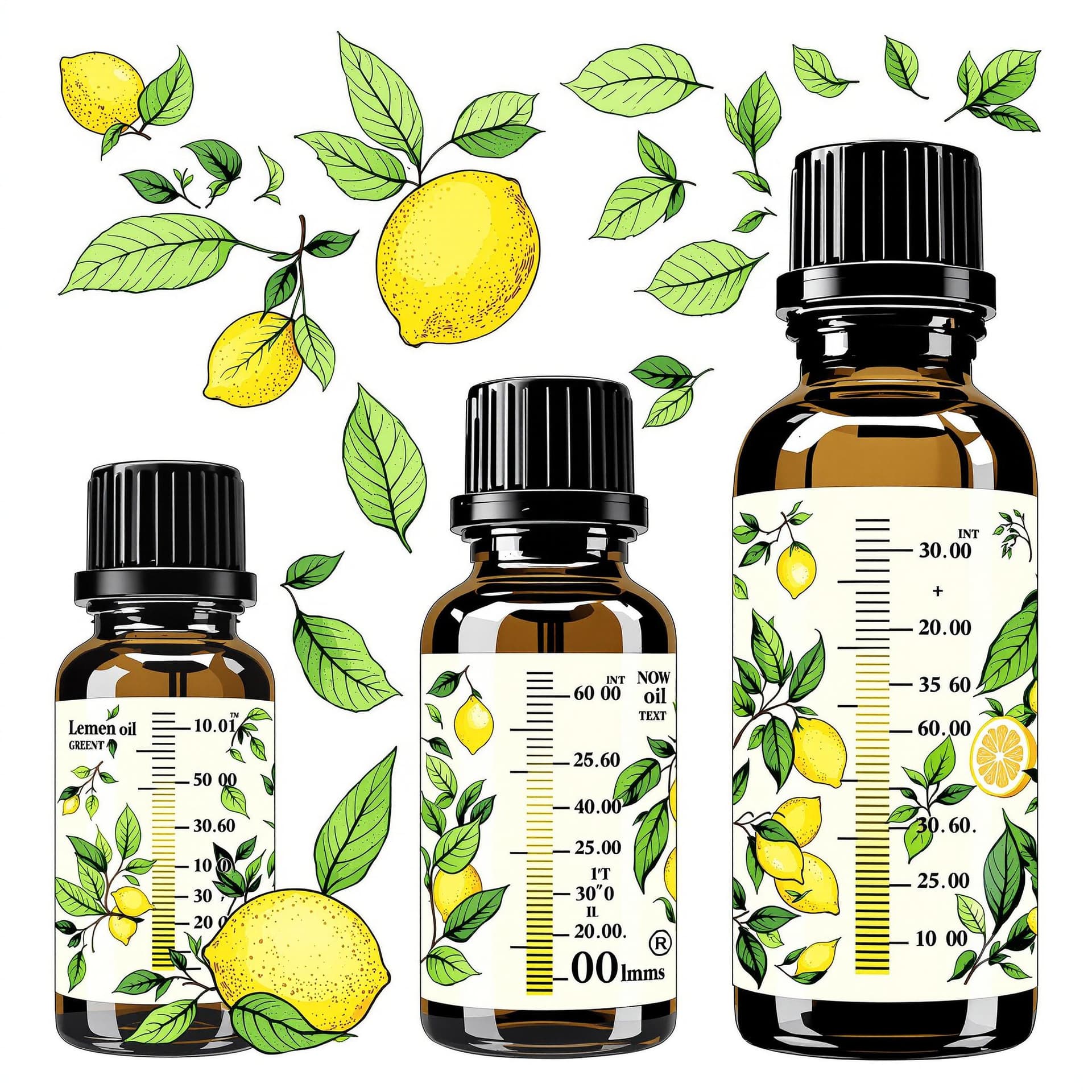AI generated: Lemon essential oil bottles with botanical illustrations, green leaves forming measurement markers -...