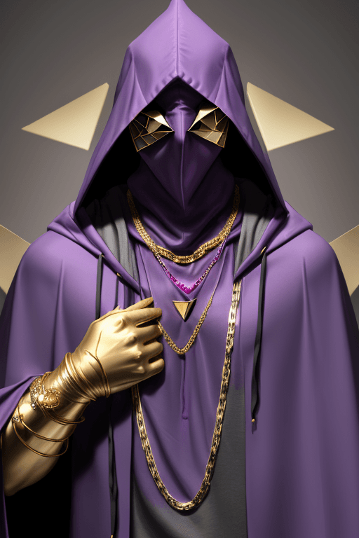 AI generated: Man in purple cloak hood, one big triangle mask, gold chains and jewellery. Invisible face