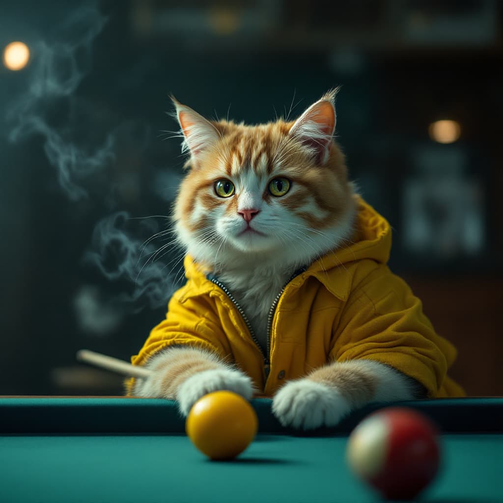 AI generated: Dramatic photo, visual tension, anthropomorphic real cute cat, wearing yellow casual wear, holding a...